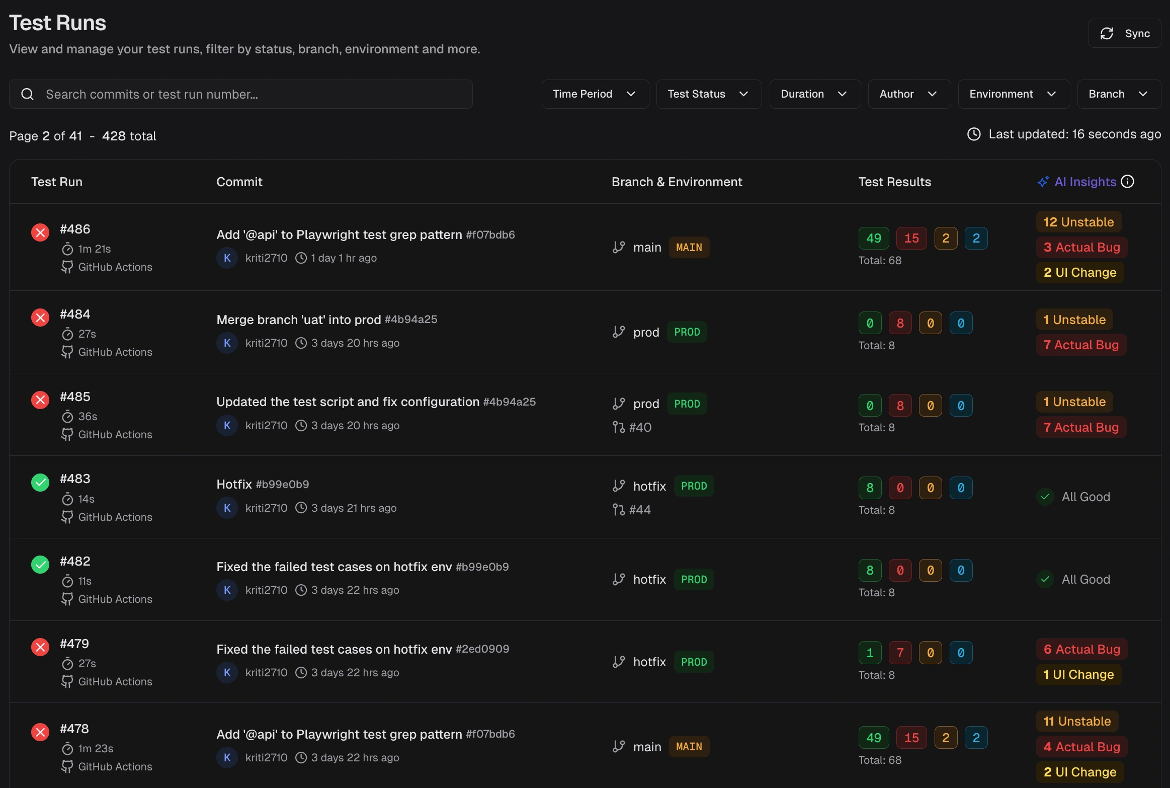 Test runs list showing run ID, commit info, branch, environment, test results counts, and AI insights columns