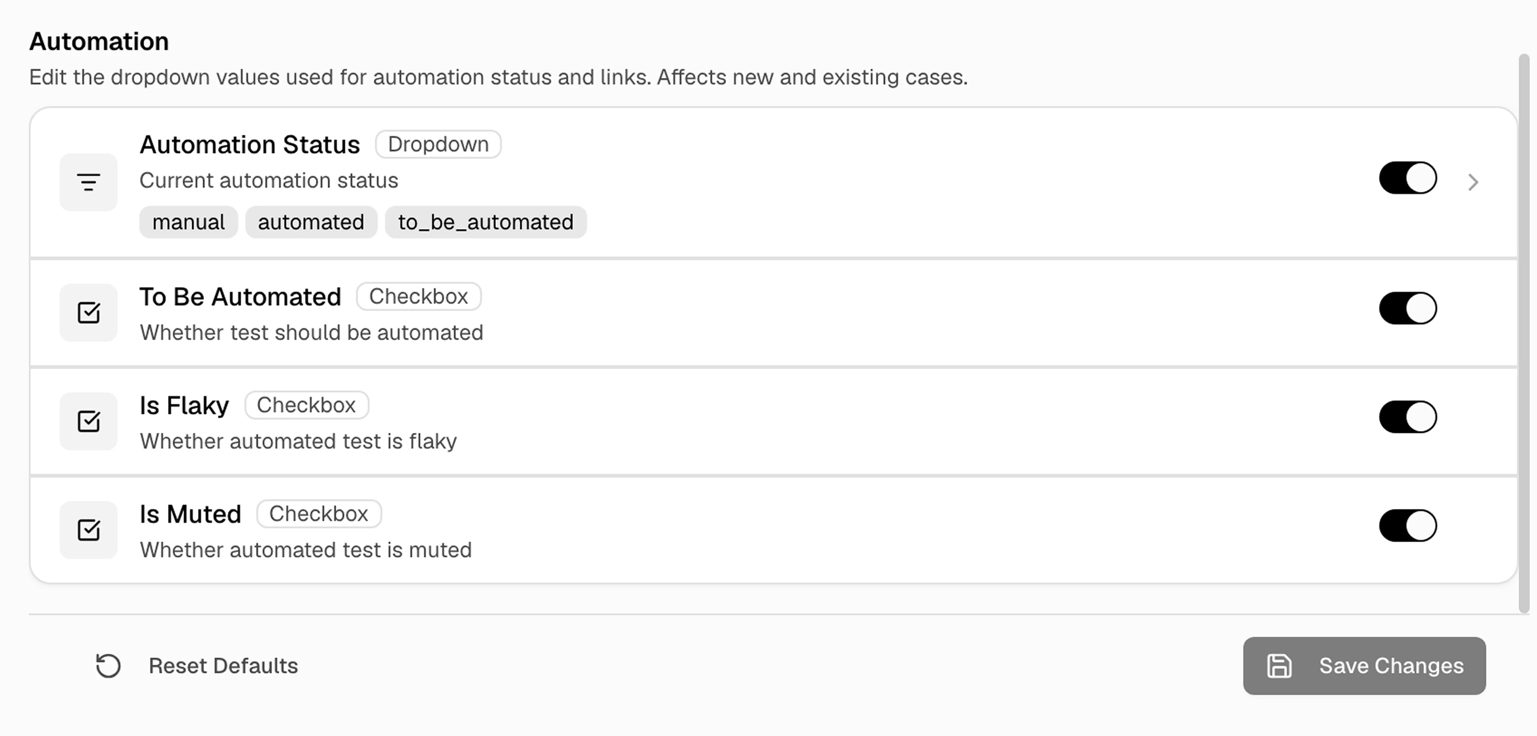 Test Case Fields tab showing Automation fields with status dropdown and flag checkboxes