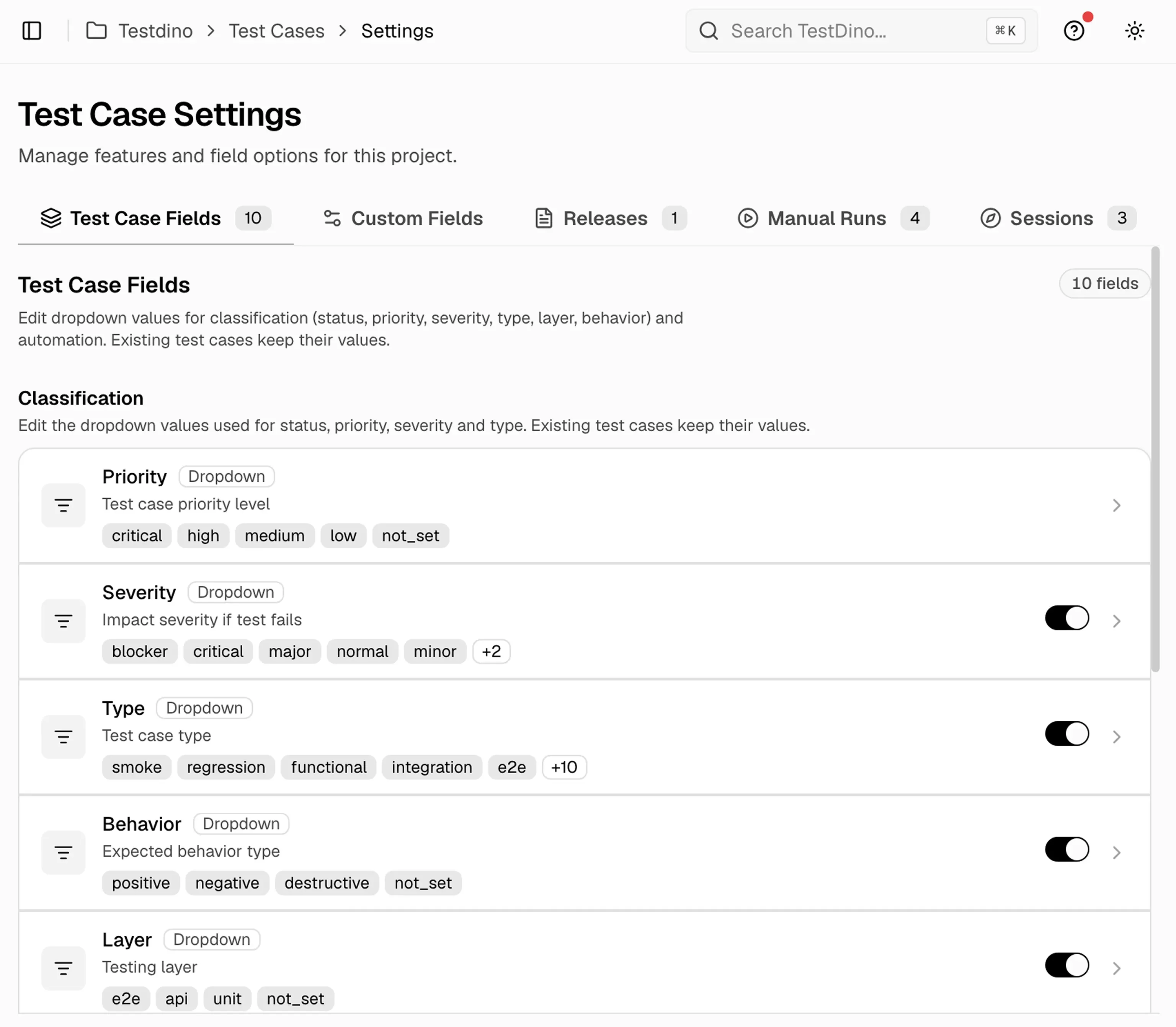 Test Case Fields tab showing Classification fields with values and visibility toggles