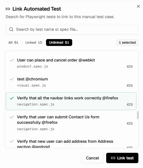 Link Automated Test dialog showing search bar, All Linked Unlinked tabs with counts, list of automated tests with checkboxes, an N selected badge, and a Link test button