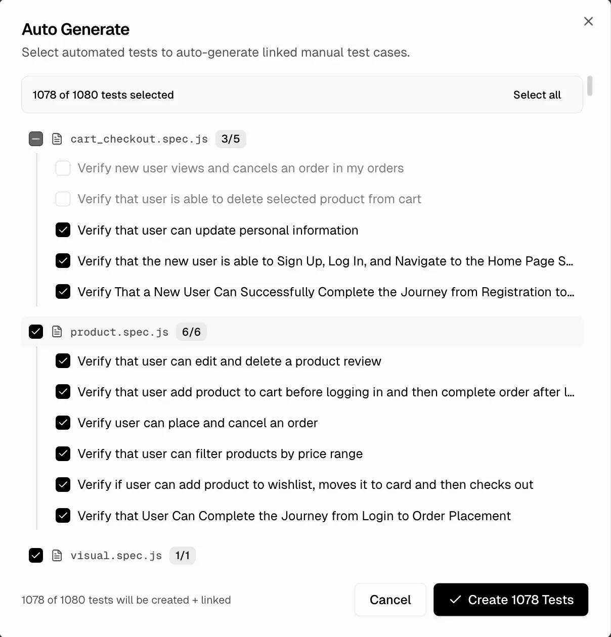 Auto-Generate dialog showing unlinked automated tests grouped by spec file with checkboxes