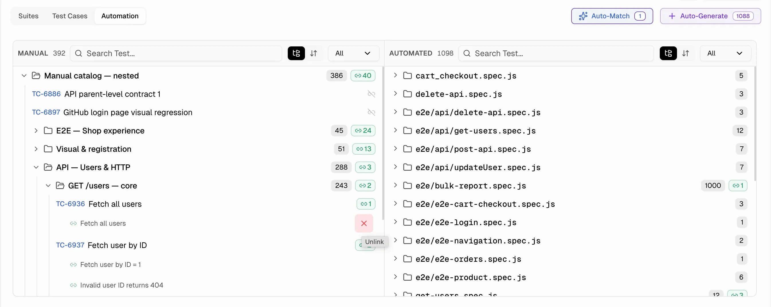 Automation view showing drag-and-drop linking with linked test badges and unlink button