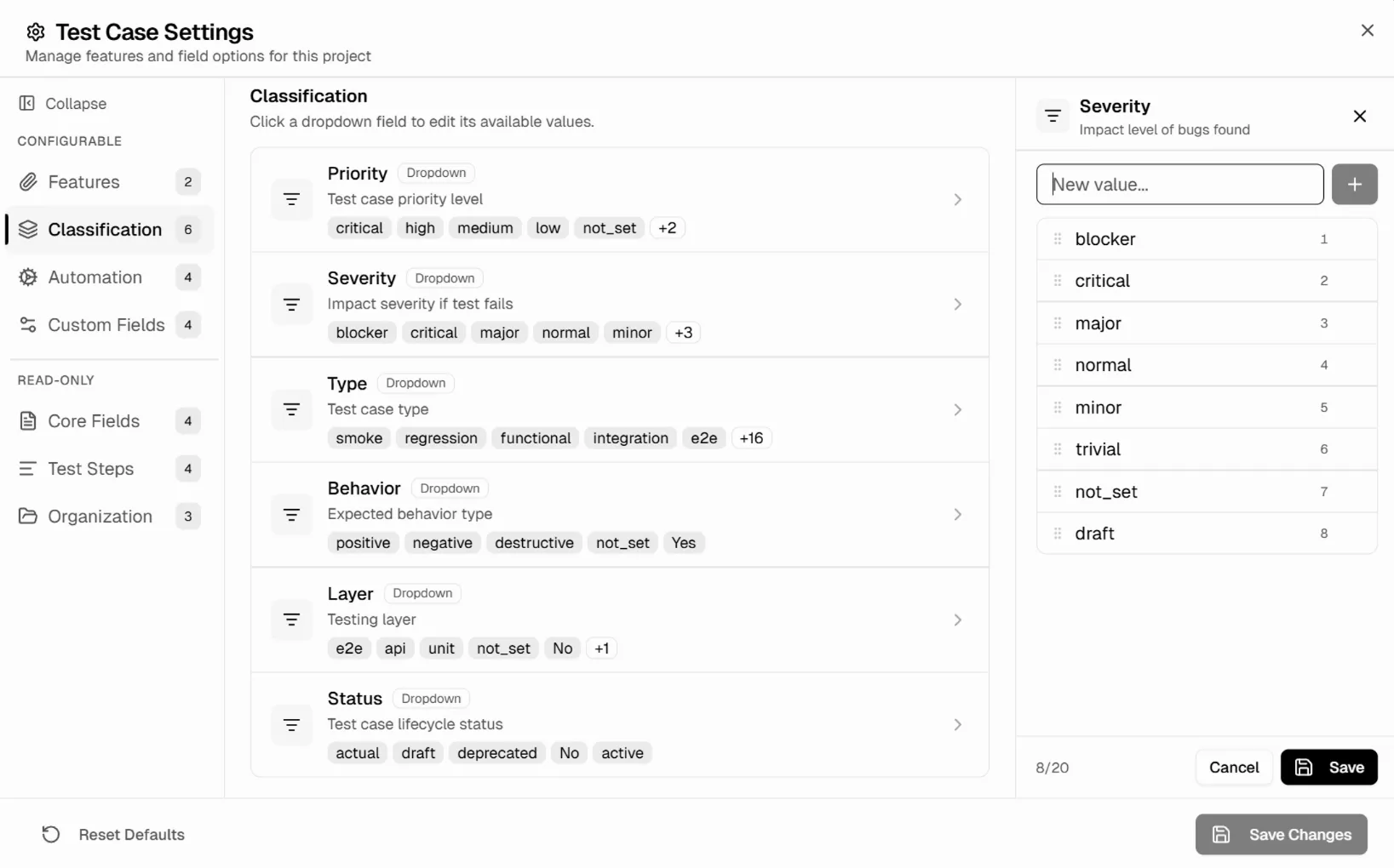 Dropdown customization showing Classification fields with Severity values being edited