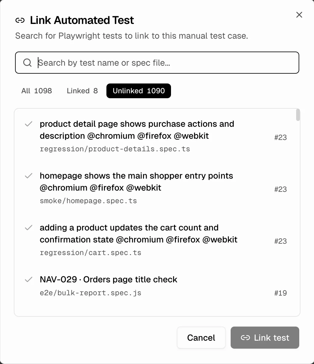 Link Automated Test popup showing search, filter tabs, and list of automated tests to link
