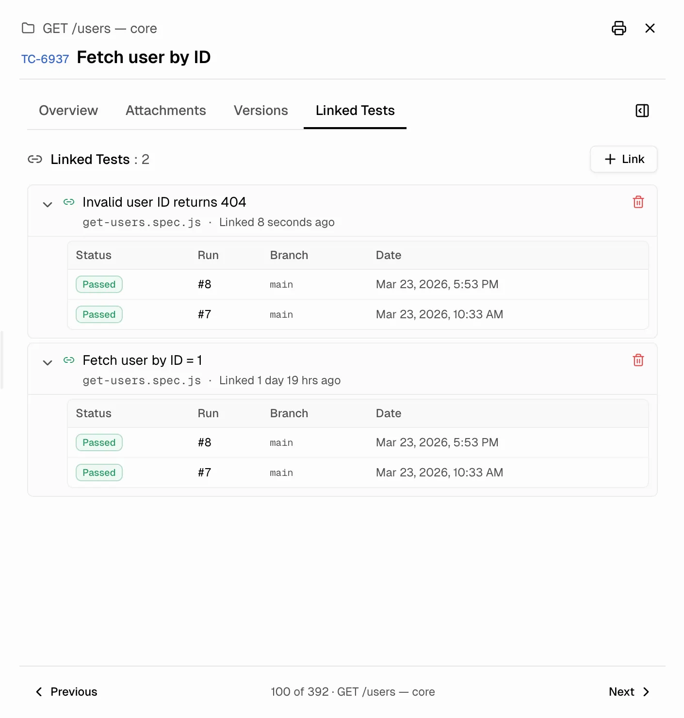Linked Tests tab showing linked automated tests with expandable execution history