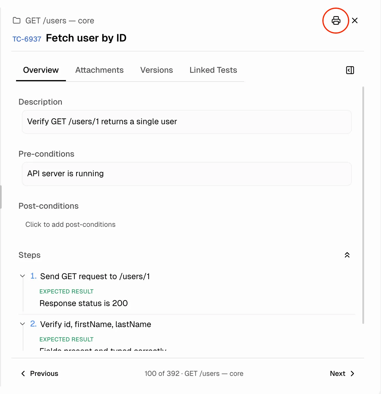 Details Sheet header showing print icon in the top-right corner