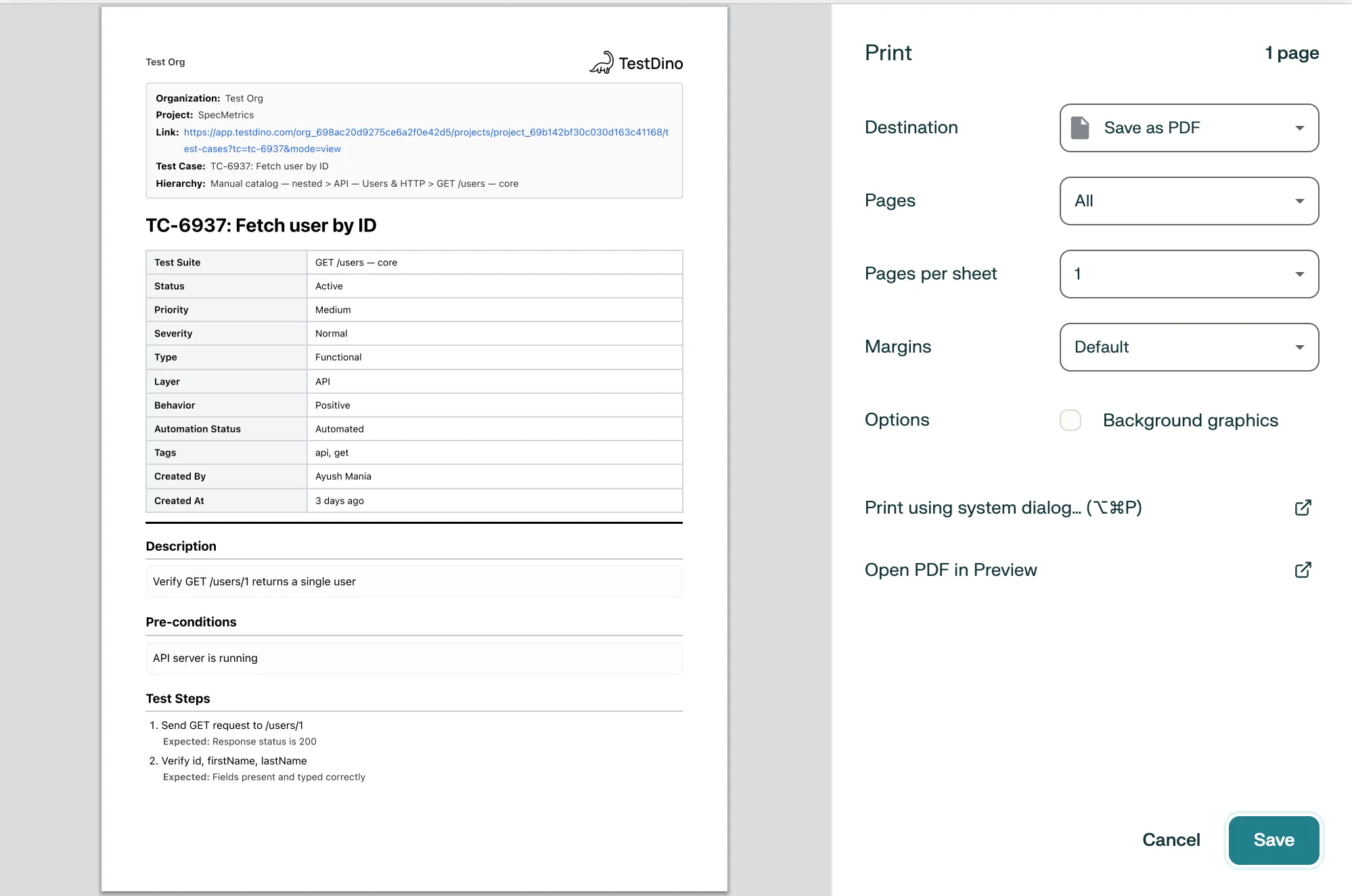 Print preview showing test case PDF with all fields and test steps