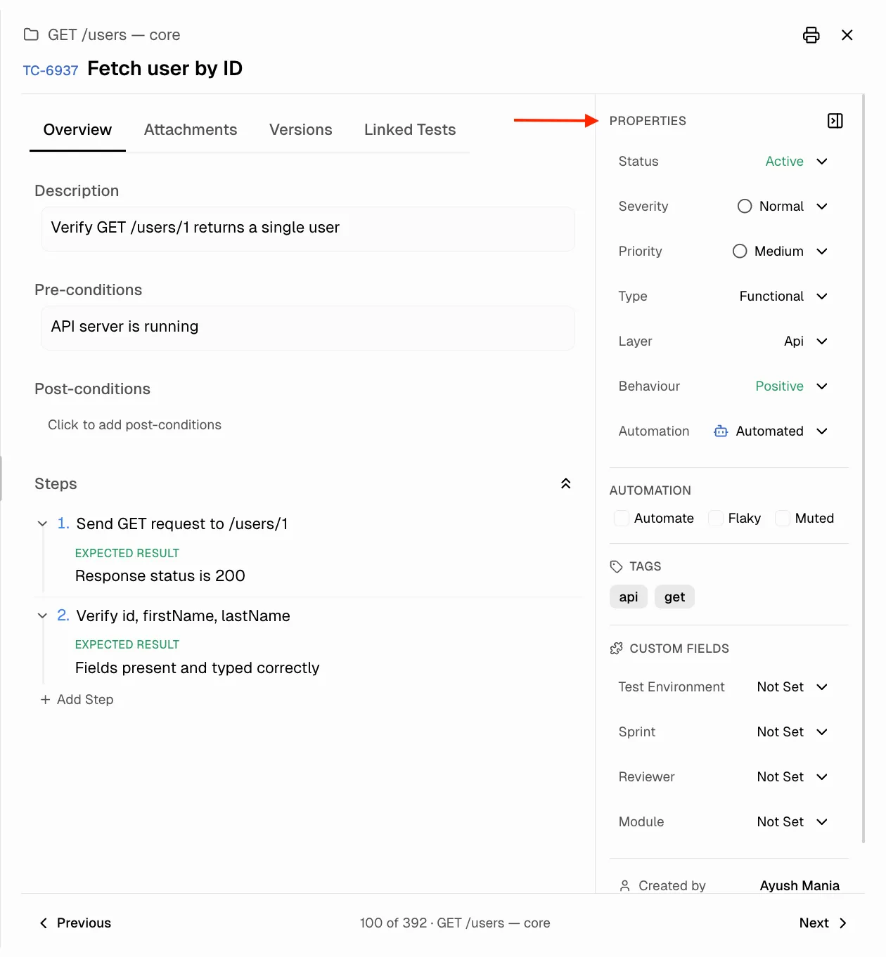 Properties sidebar showing classification dropdowns, automation checkboxes, tags, and custom fields