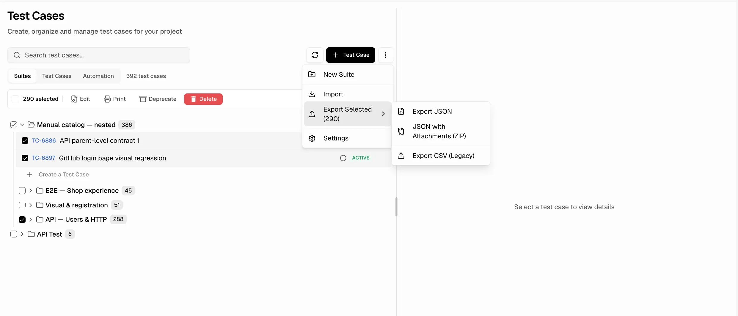 Export menu showing Export Selected with JSON, JSON with Attachments, and CSV options