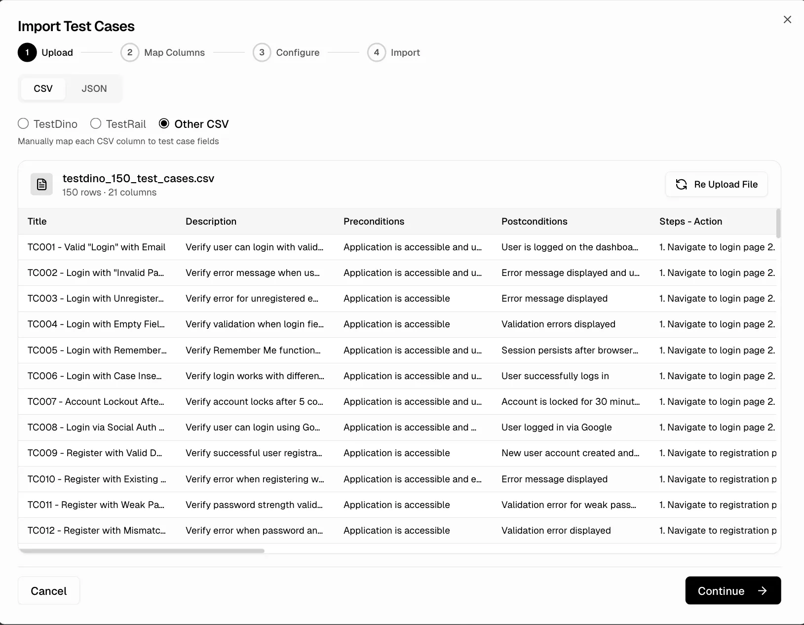 CSV Import Wizard showing uploaded file with column preview and source platform selection