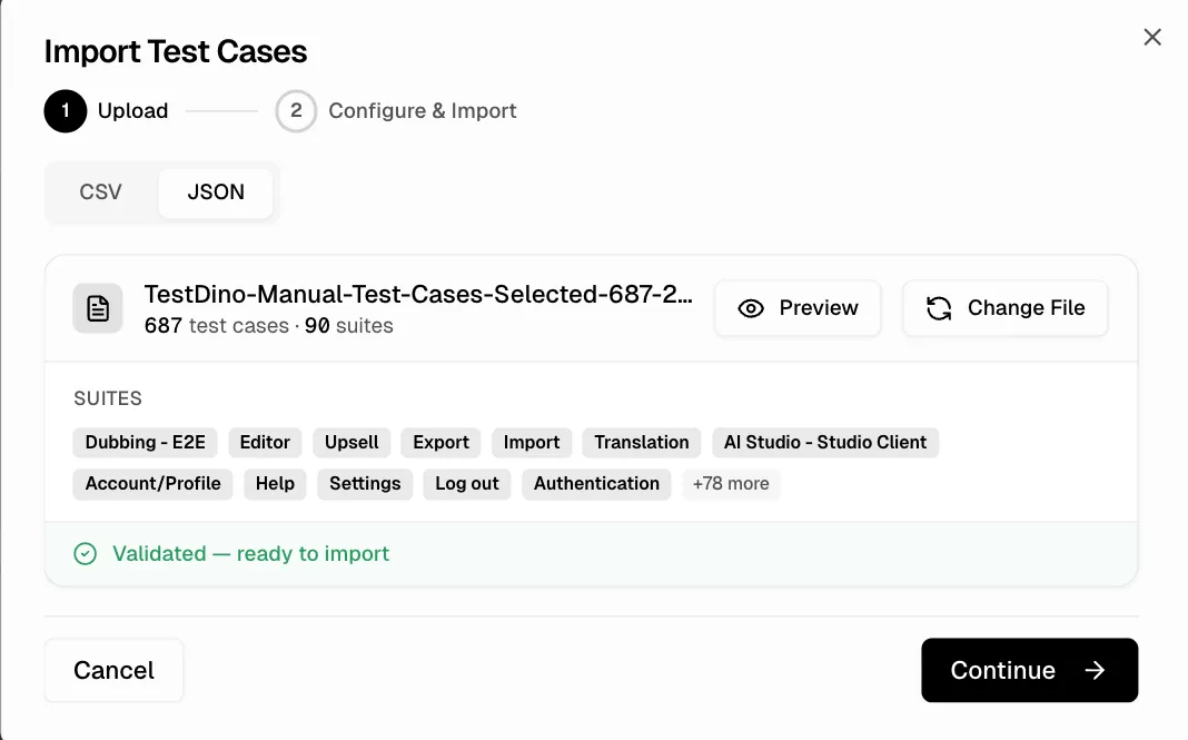 JSON Import Wizard showing uploaded file with detected suites and test case count
