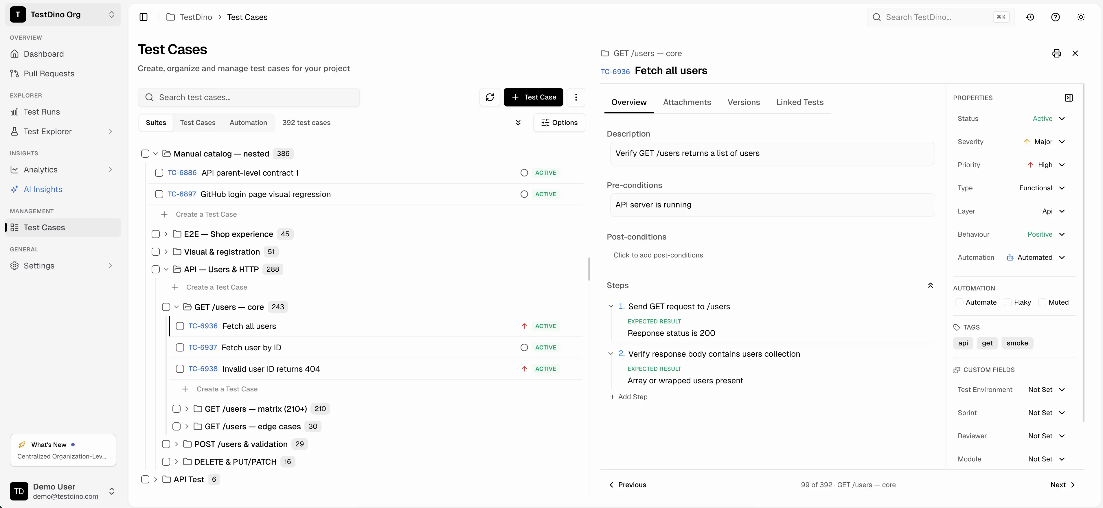 Test Cases list view showing search bar, test case rows, and Details Sheet with properties sidebar