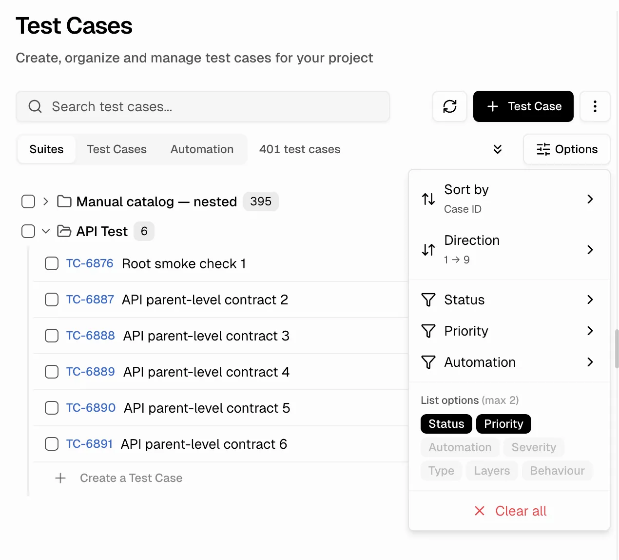 Options dropdown showing sort, direction, filter controls, and list options with active filter badge