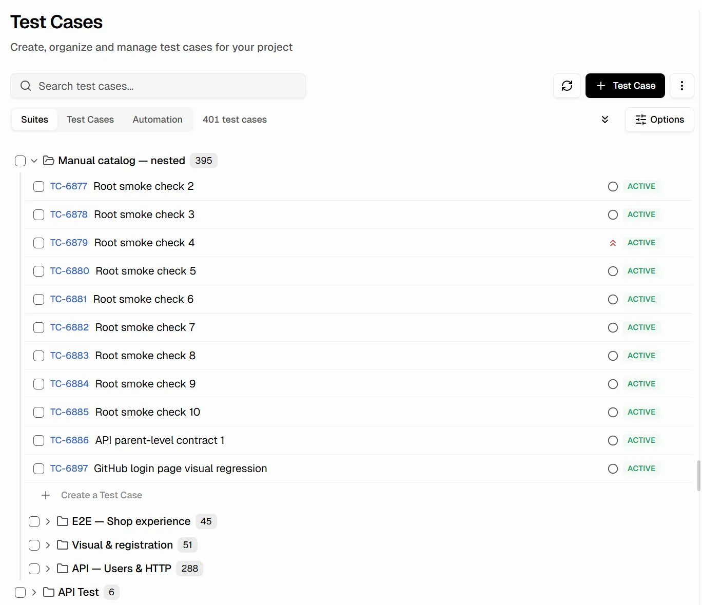 Suites view showing expanded tree with nested suites and test case rows