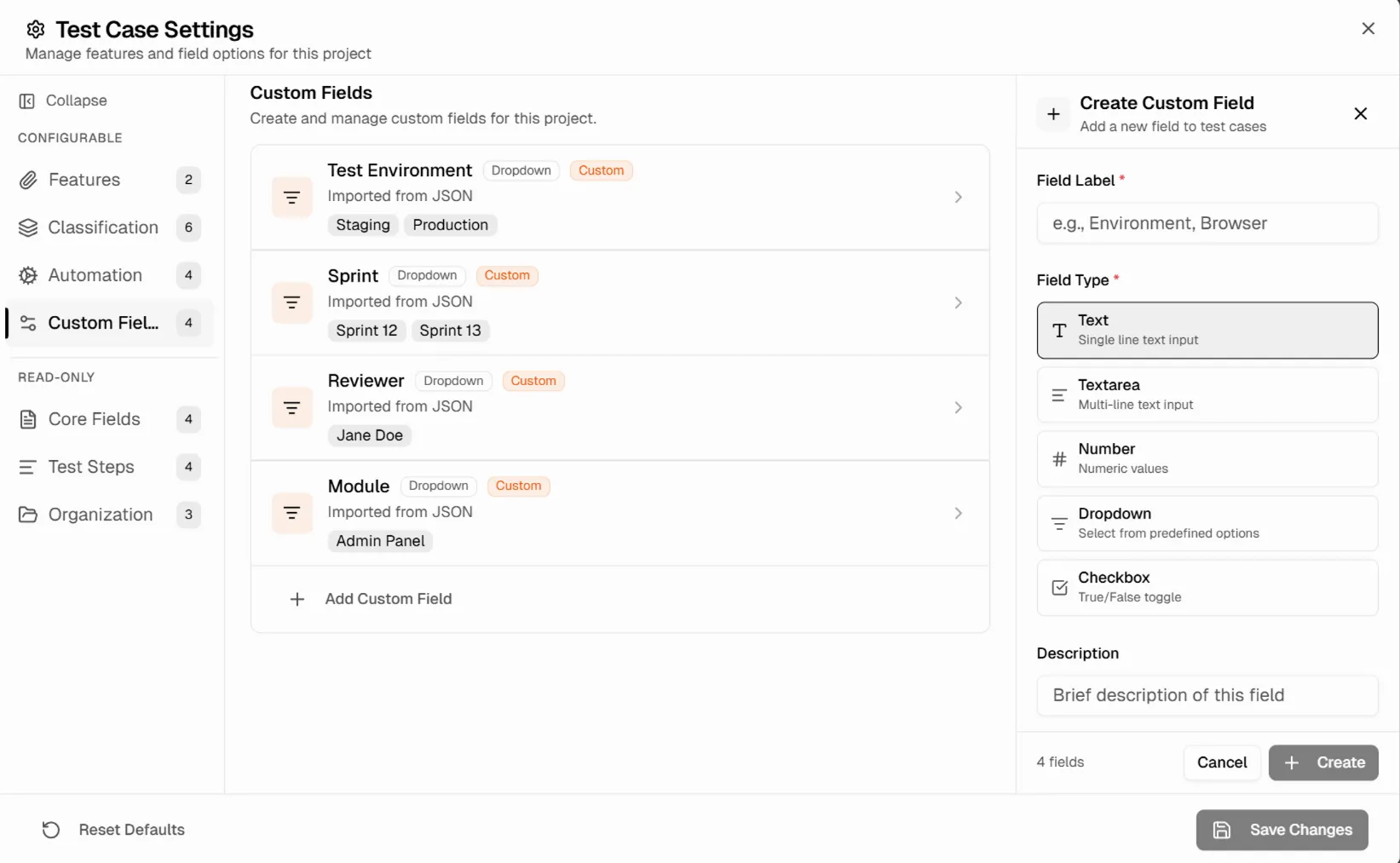 Custom Fields section showing a list of custom fields with type badges and drag handles for reordering