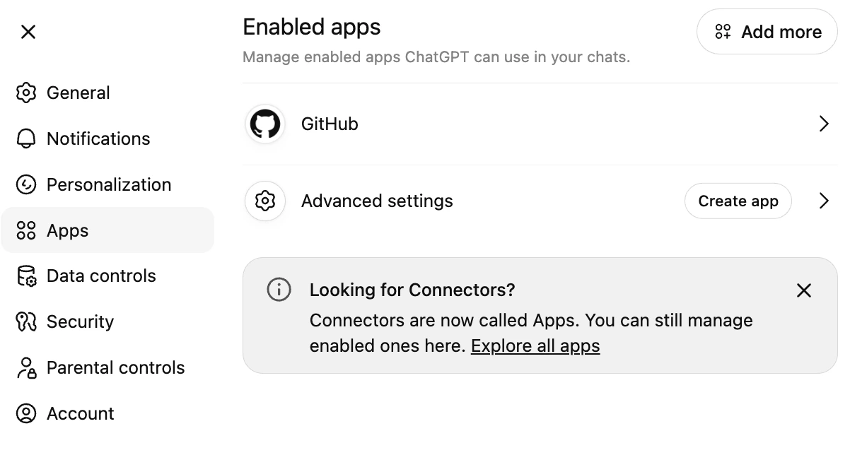 ChatGPT Settings Apps page listing connected apps with an Advanced settings row and a Create app button