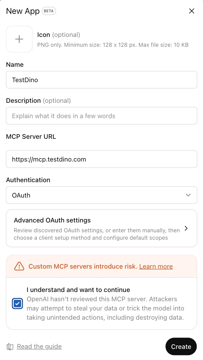 ChatGPT New App dialog with Name TestDino, MCP Server URL mcp.testdino.com, OAuth authentication, and the I understand checkbox