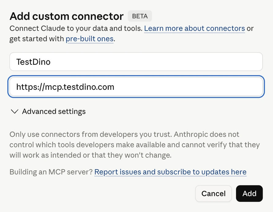 Claude.ai Add custom connector dialog with Name set to TestDino and Server URL set to https://mcp.testdino.com
