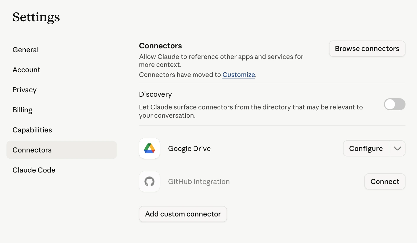 Claude.ai Settings Connectors page with the GitHub Integration entry, a Discovery toggle, and the Add custom connector button
