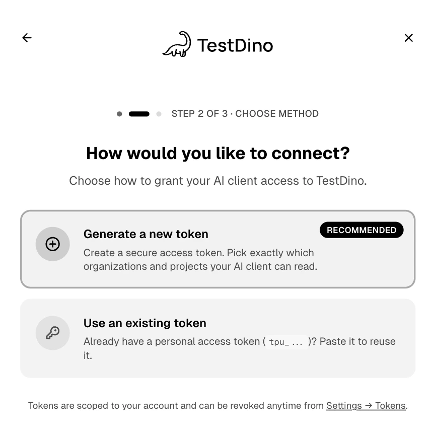 TestDino OAuth Step 2 of 3 How would you like to connect dialog with Generate a new token (recommended) and Use an existing token options
