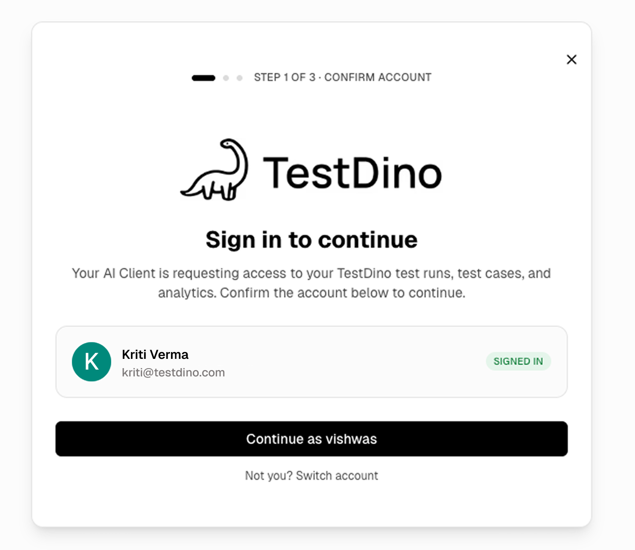 TestDino OAuth Step 1 of 3 Sign in to continue dialog with the active account selected and a Continue as button