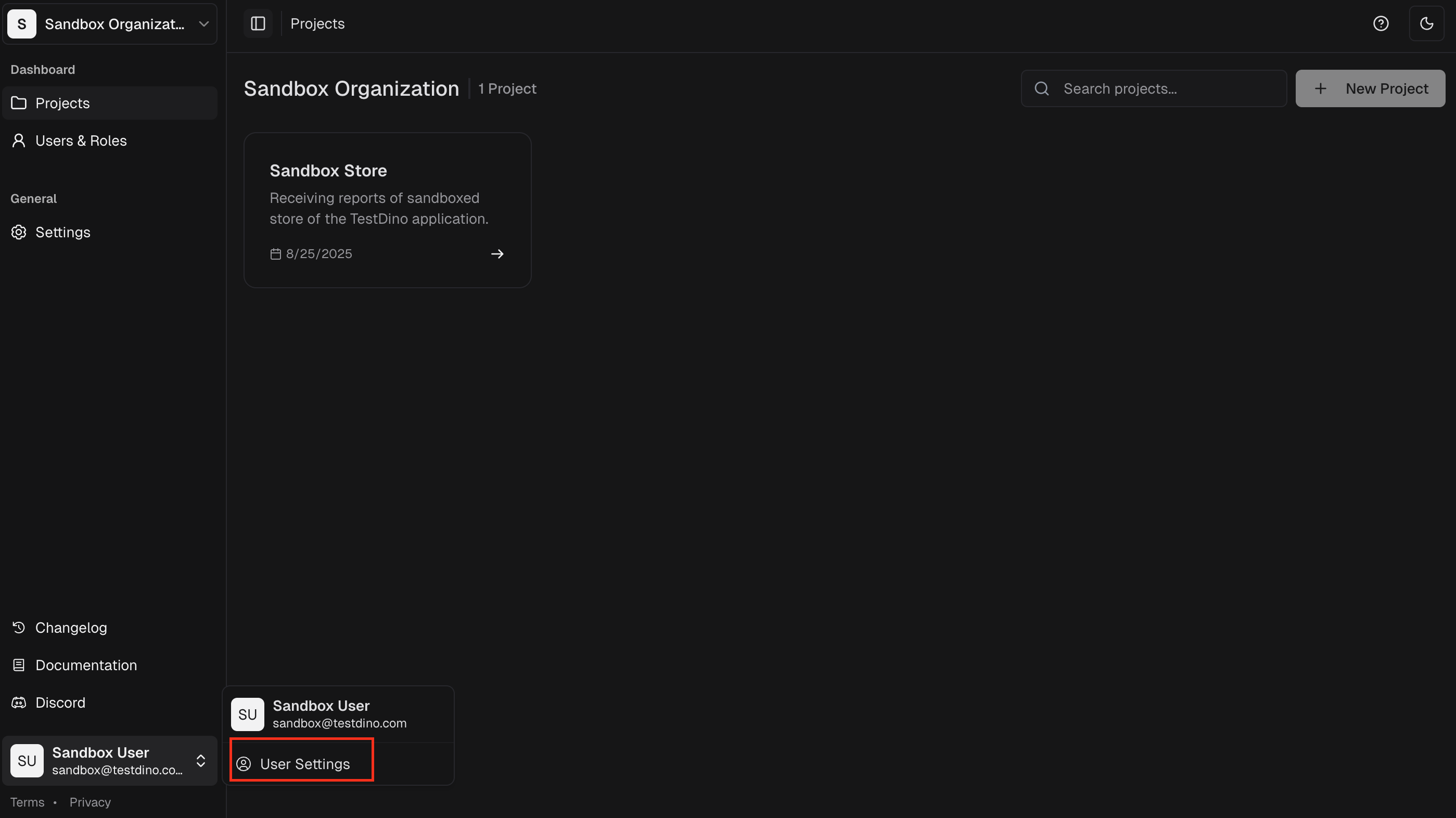 User settings navigation
