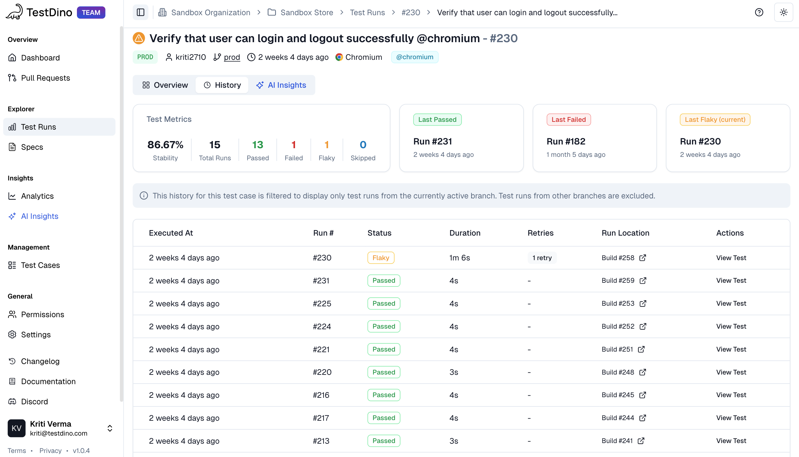 Test Case History Tracking